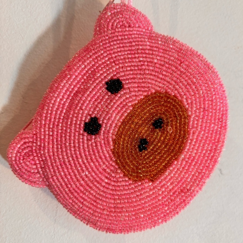 Pink Beaded Pig Face Bag Charm Coin Purse with Zipper